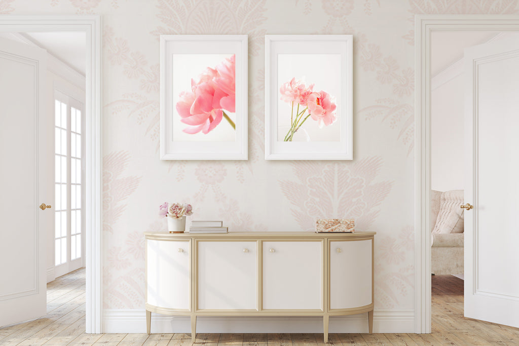 Peony photographs in frames in a chic entryway - Artworkbylili print sets homepage image