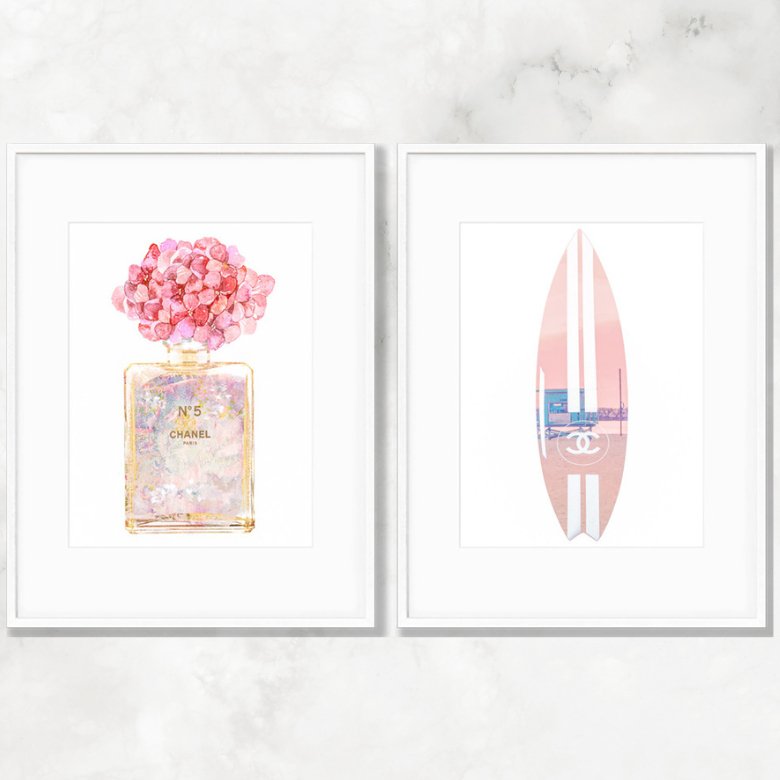 Beach Themed Chanel Perfume Bottle & Surfboard Set of 2 Art Prints - Artwork by Lili