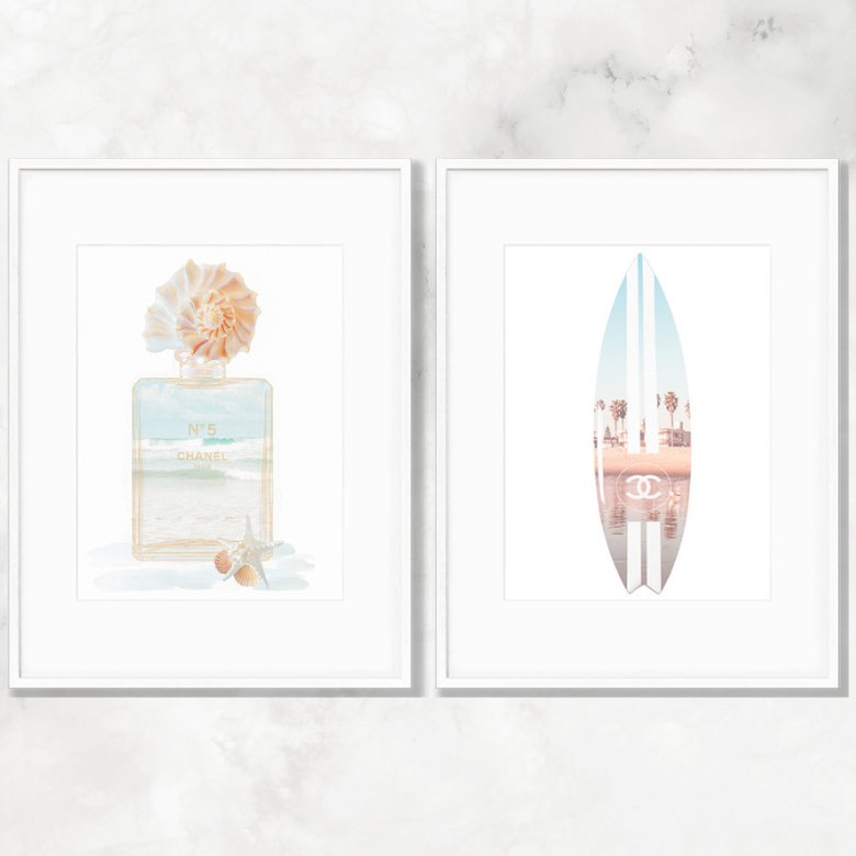 Beach Themed Chanel Perfume Bottle & Surfboard Set of 2 Art Prints - Artwork by Lili