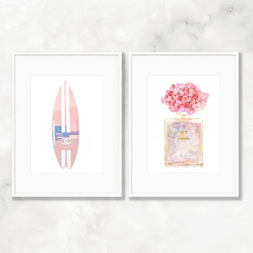 Beach Themed Chanel Perfume Bottle & Surfboard Set of 2 Art Prints - Artwork by Lili