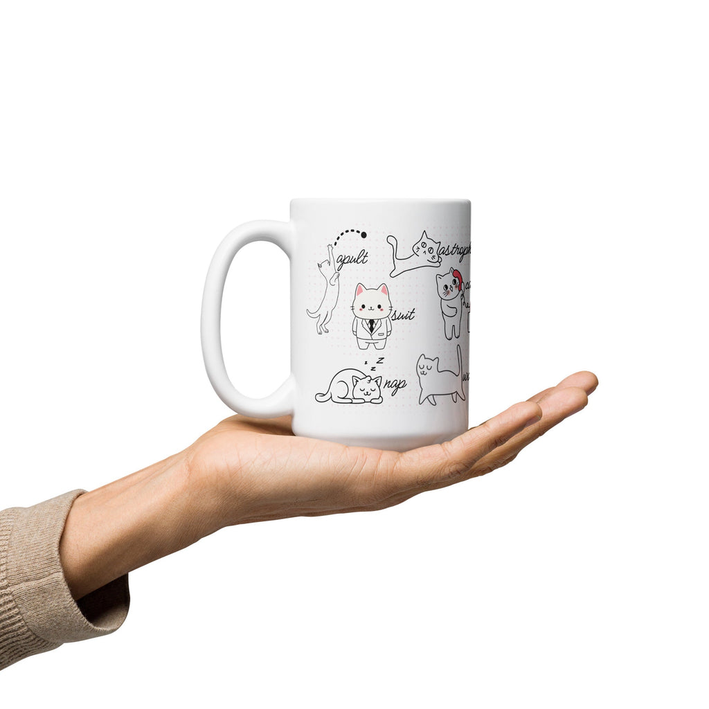 Cat Vocabulary White Glossy Mug (3 sizes) - Artwork by Lili