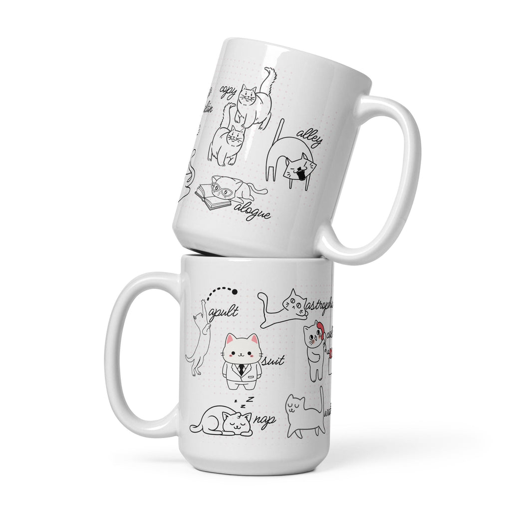 Cat Vocabulary White Glossy Mug (3 sizes) - Artwork by Lili