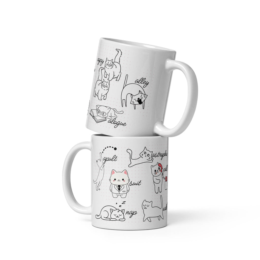 Cat Vocabulary White Glossy Mug (3 sizes) - Artwork by Lili