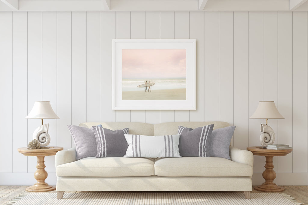 Costa Rica Beach Surfer Couple Print, Bright Pastel Tones, Soothing Landscape, Central America Travel Photography, Home & Office Decor - Artwork by Lili