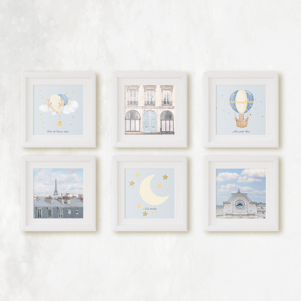 French Themed Baby Nursery Set of 6 Square Prints, Paris Travel Photography, French Language, Blue & Beige, Soft and Tranquil Wall Art - Artwork by Lili