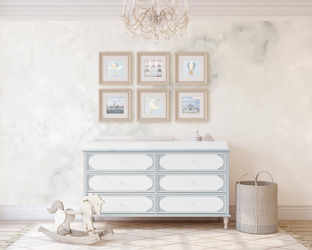 French Themed Baby Nursery Set of 6 Square Prints, Paris Travel Photography, French Language, Blue & Beige, Soft and Tranquil Wall Art - Artwork by Lili