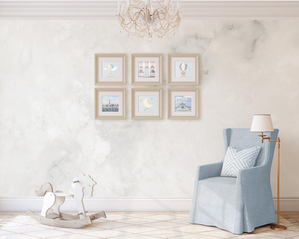 French Themed Baby Nursery Set of 6 Square Prints, Paris Travel Photography, French Language, Blue & Beige, Soft and Tranquil Wall Art - Artwork by Lili