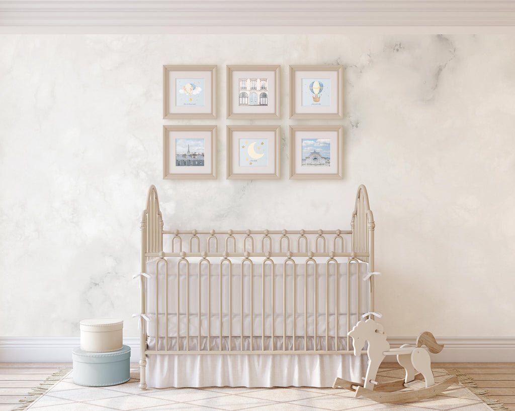 French Themed Baby Nursery Set of 6 Square Prints, Paris Travel Photography, French Language, Blue & Beige, Soft and Tranquil Wall Art - Artwork by Lili