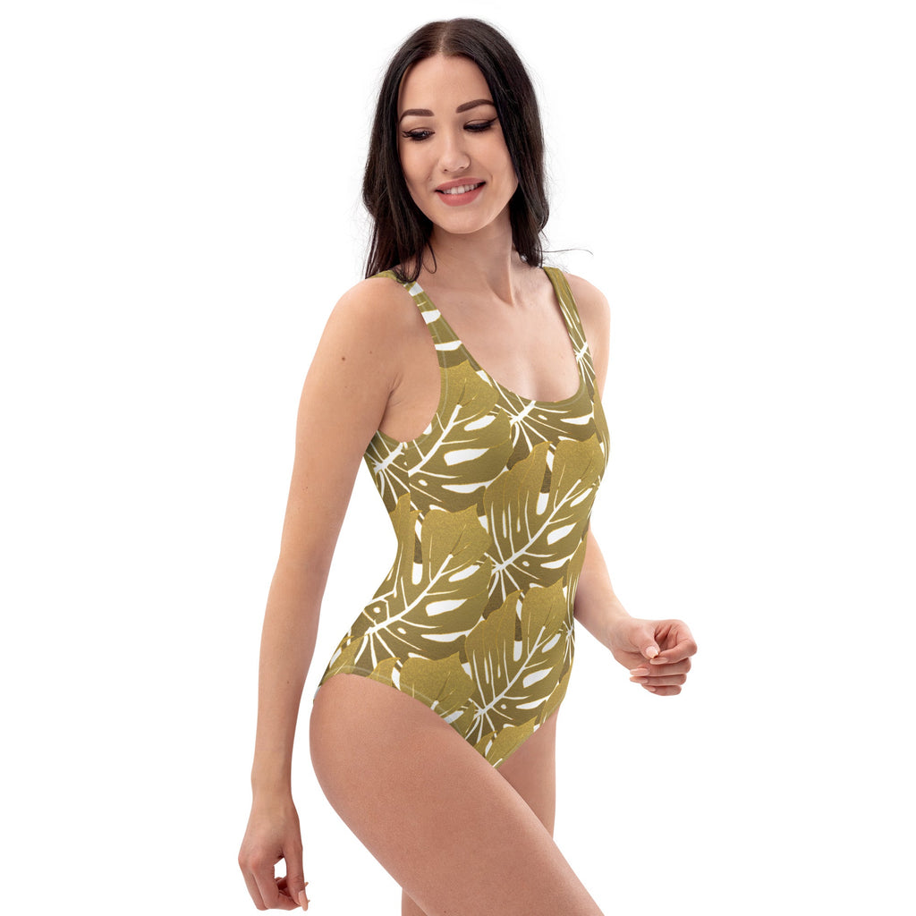 Gold Monstera Pattern One - Piece Swimsuit - Artwork by Lili