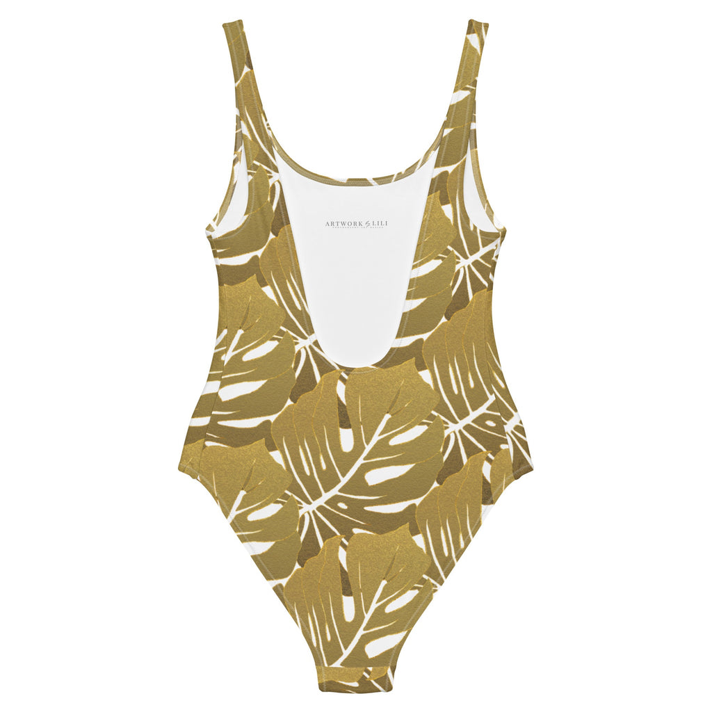 Gold Monstera Pattern One - Piece Swimsuit - Artwork by Lili