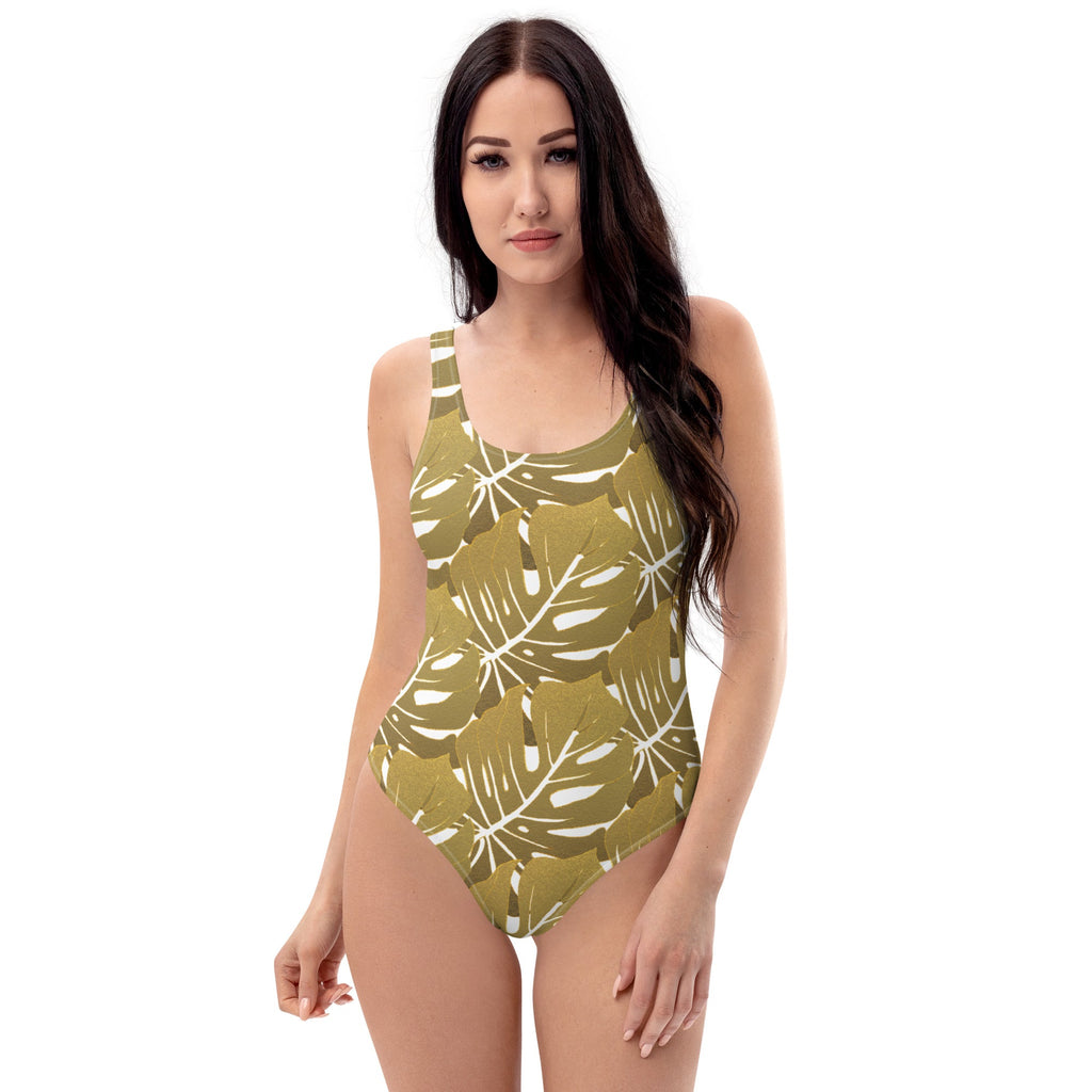 Gold Monstera Pattern One - Piece Swimsuit - Artwork by Lili