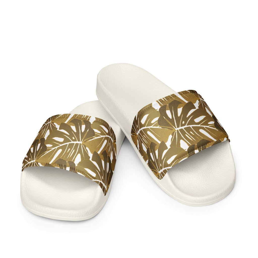 Gold Monstera Pattern Women's Slides - Artwork by Lili