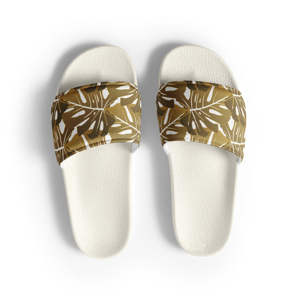 Gold Monstera Pattern Women's Slides - Artwork by Lili