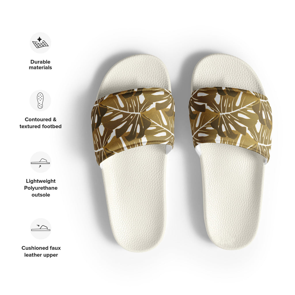 Gold Monstera Pattern Women's Slides - Artwork by Lili