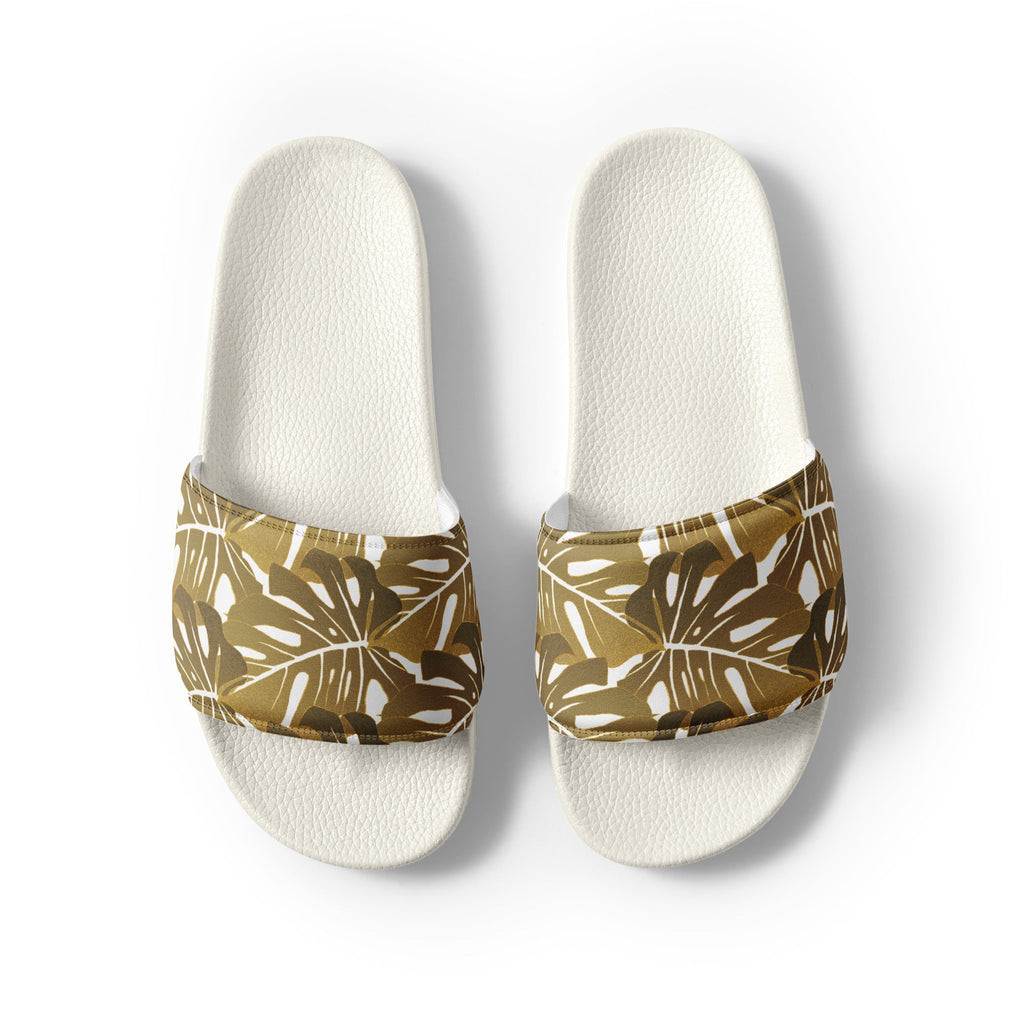 Gold Monstera Pattern Women's Slides - Artwork by Lili