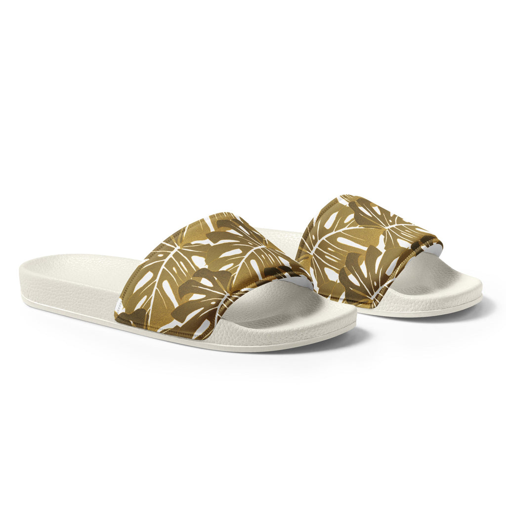 Gold Monstera Pattern Women's Slides - Artwork by Lili