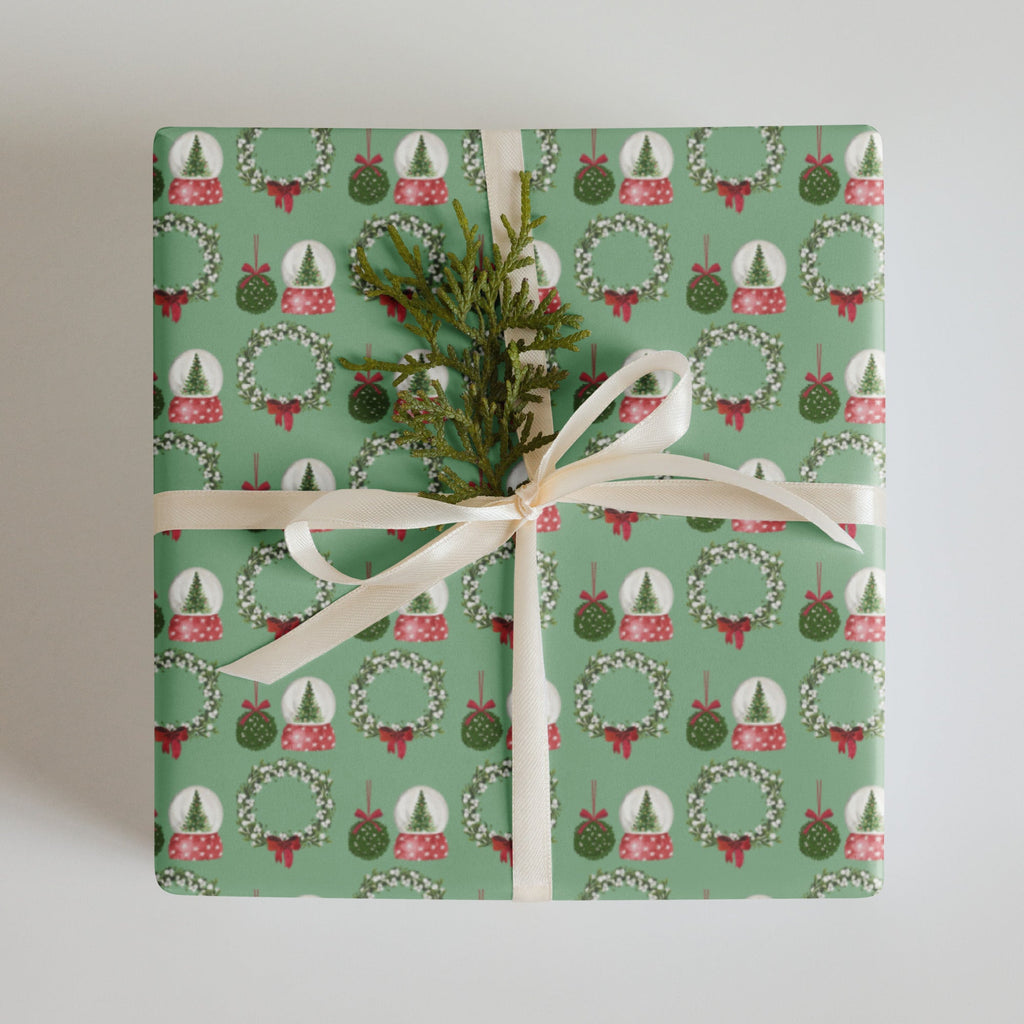 Mistletoe Wreath & Snow Globe Pattern Wrapping Paper (3 sheets) - Artwork by Lili