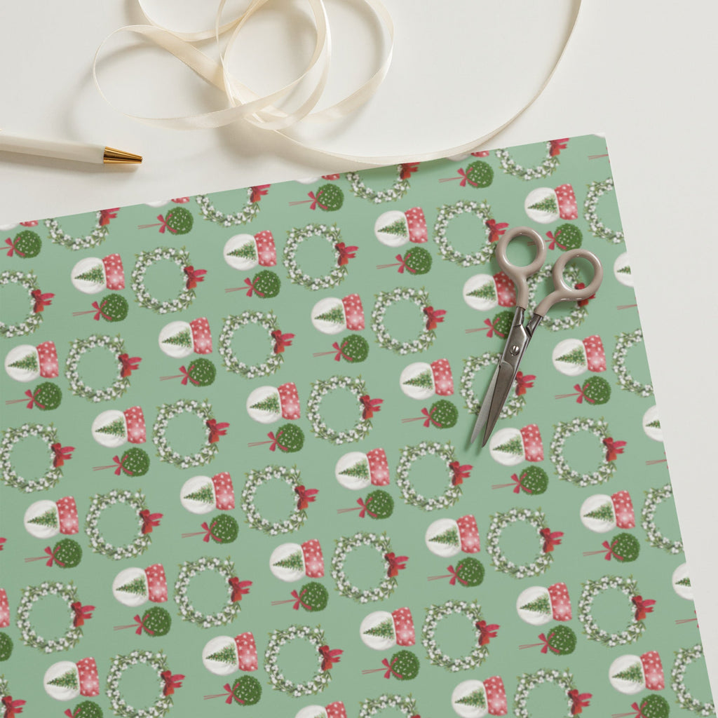 Mistletoe Wreath & Snow Globe Pattern Wrapping Paper (3 sheets) - Artwork by Lili