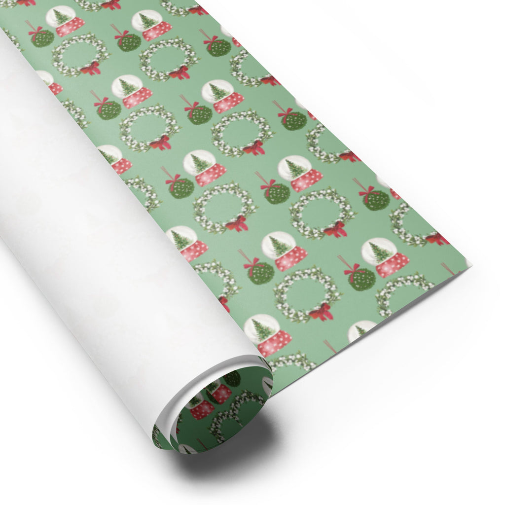 Mistletoe Wreath & Snow Globe Pattern Wrapping Paper (3 sheets) - Artwork by Lili