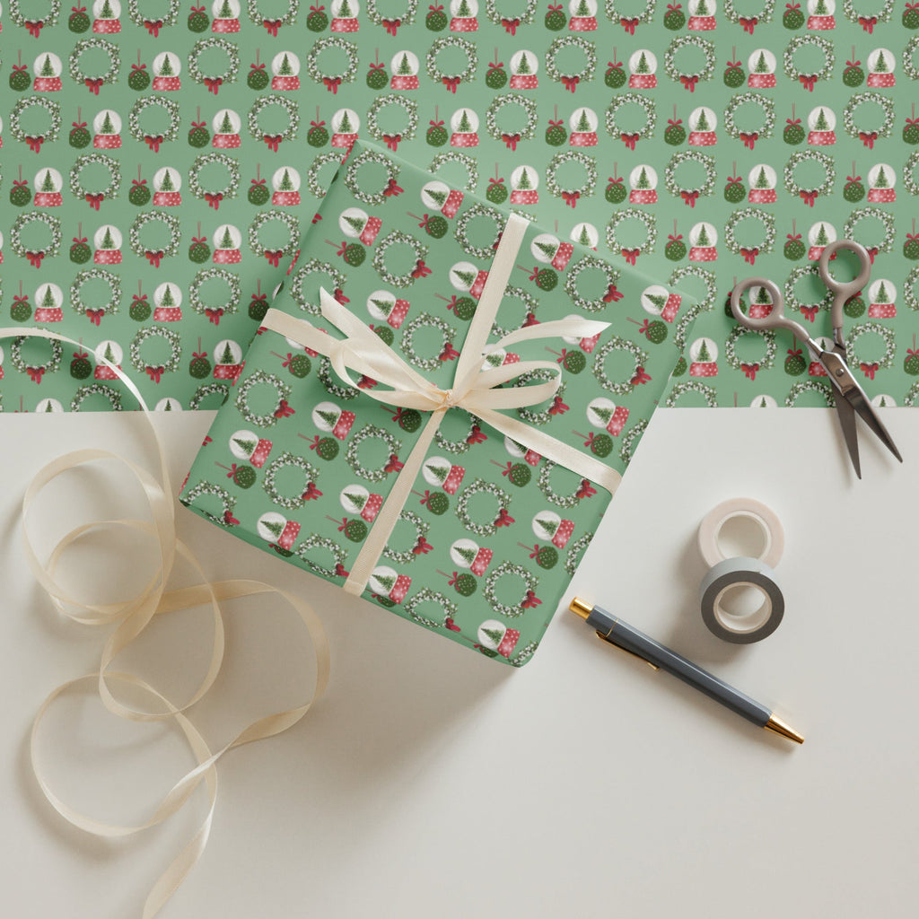 Mistletoe Wreath & Snow Globe Pattern Wrapping Paper (3 sheets) - Artwork by Lili
