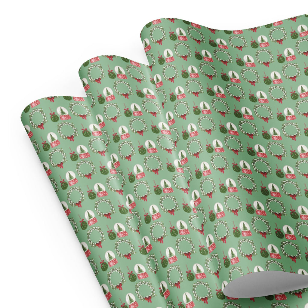 Mistletoe Wreath & Snow Globe Pattern Wrapping Paper (3 sheets) - Artwork by Lili