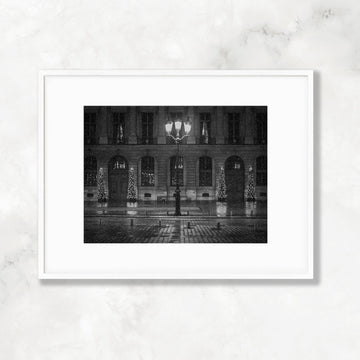 Paris Winter Night Snow Flurries Cityscape, France Parisian Architecture and Travel Photography, Black and White Home & Office Wall Art Prints - Artwork by Lili