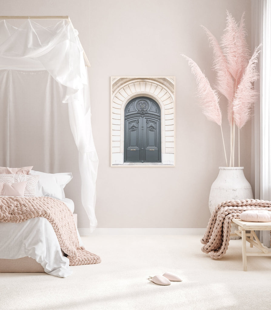 Parisian Dark Gray Ornate Arched Door Architectural Photography Print - Artwork by Lili