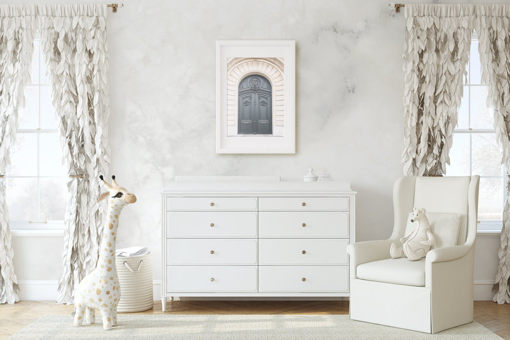 Parisian Dark Gray Ornate Arched Door Architectural Photography Print - Artwork by Lili