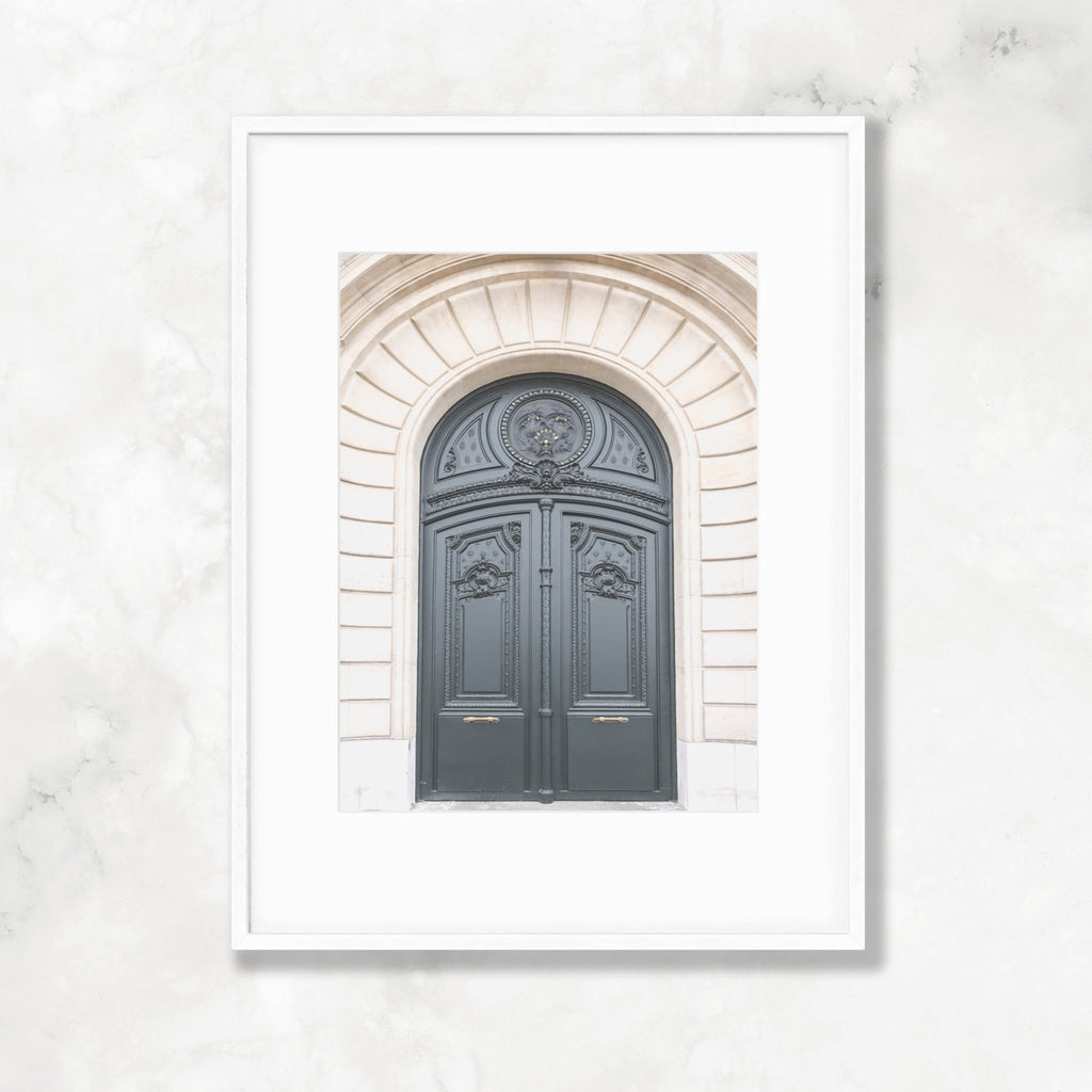 Parisian Dark Gray Ornate Arched Door Architectural Photography Print - Artwork by Lili