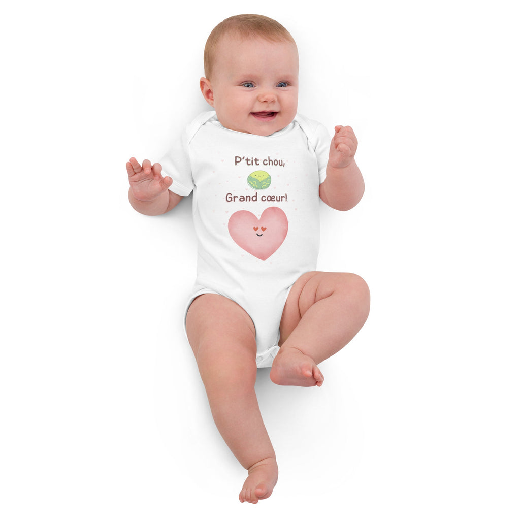 Petit (P'tit) Chou, Grand Coeur (French Language) Organic Cotton Baby Onesie Bodysuit - Artwork by Lili