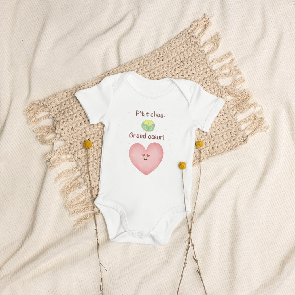 Petit (P'tit) Chou, Grand Coeur (French Language) Organic Cotton Baby Onesie Bodysuit - Artwork by Lili