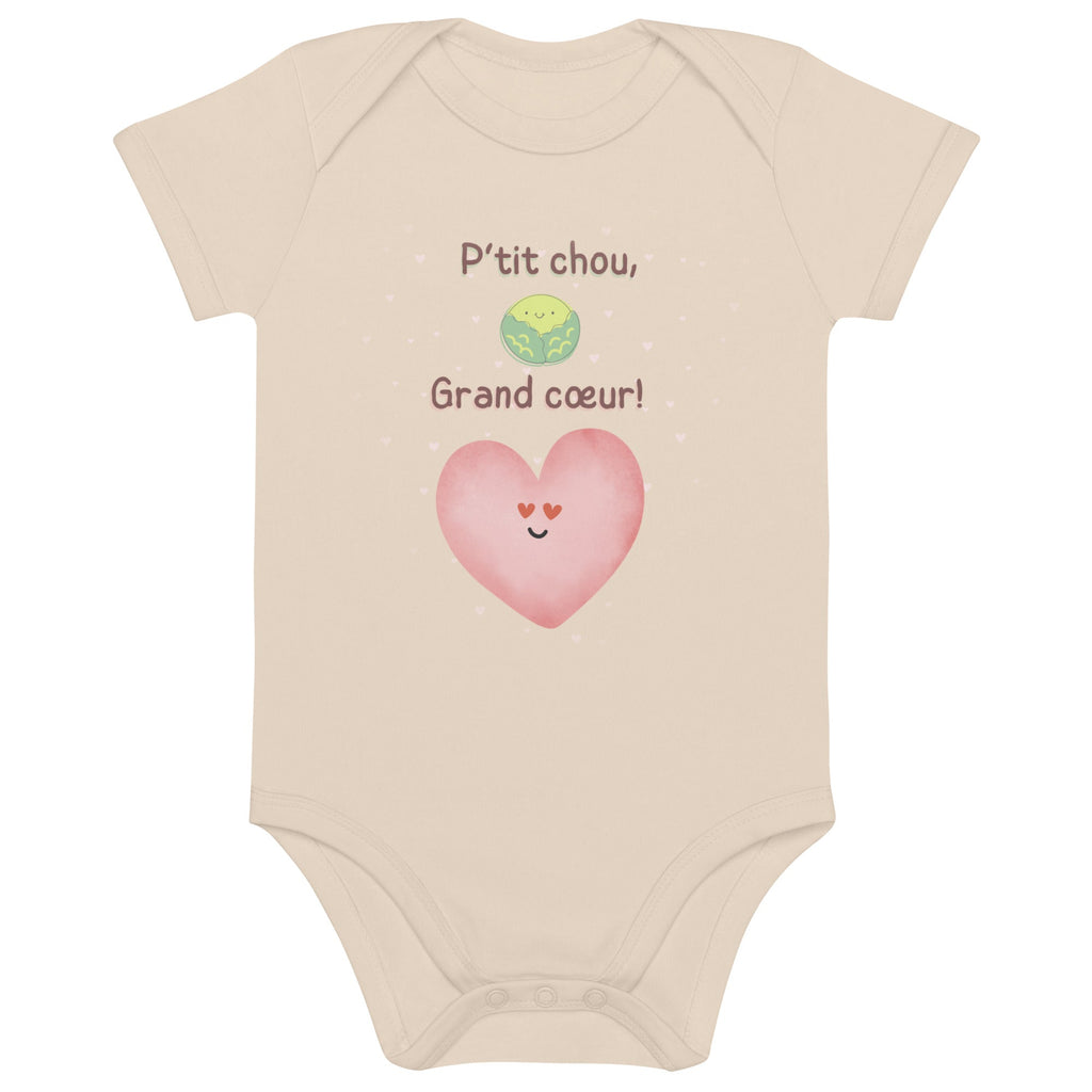 Petit (P'tit) Chou, Grand Coeur (French Language) Organic Cotton Baby Onesie Bodysuit - Artwork by Lili