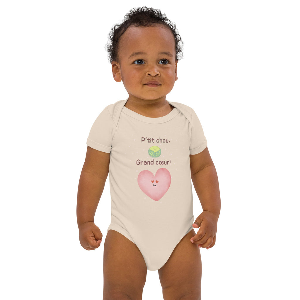 Petit (P'tit) Chou, Grand Coeur (French Language) Organic Cotton Baby Onesie Bodysuit - Artwork by Lili