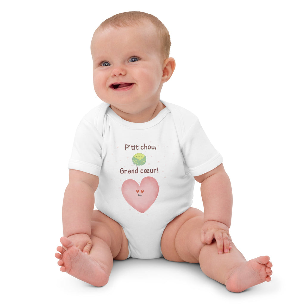 Petit (P'tit) Chou, Grand Coeur (French Language) Organic Cotton Baby Onesie Bodysuit - Artwork by Lili