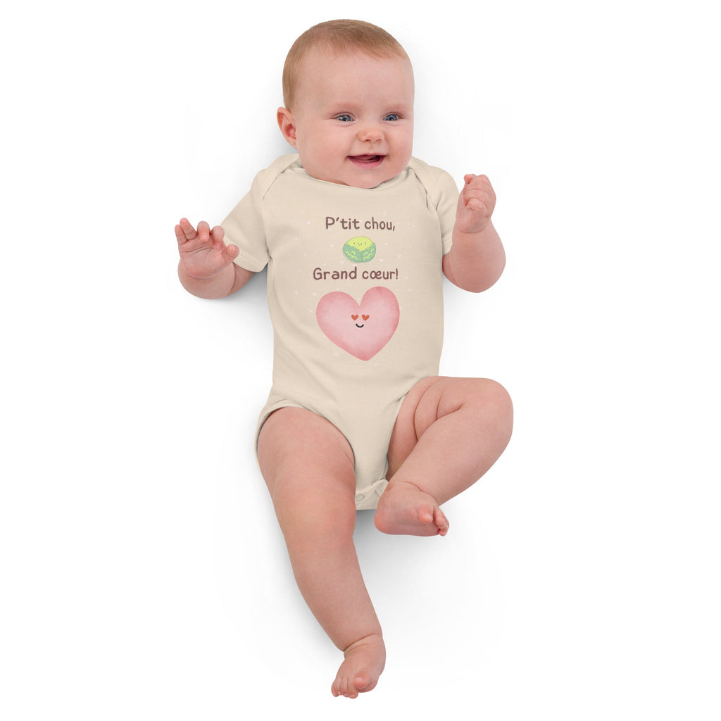 Petit (P'tit) Chou, Grand Coeur (French Language) Organic Cotton Baby Onesie Bodysuit - Artwork by Lili