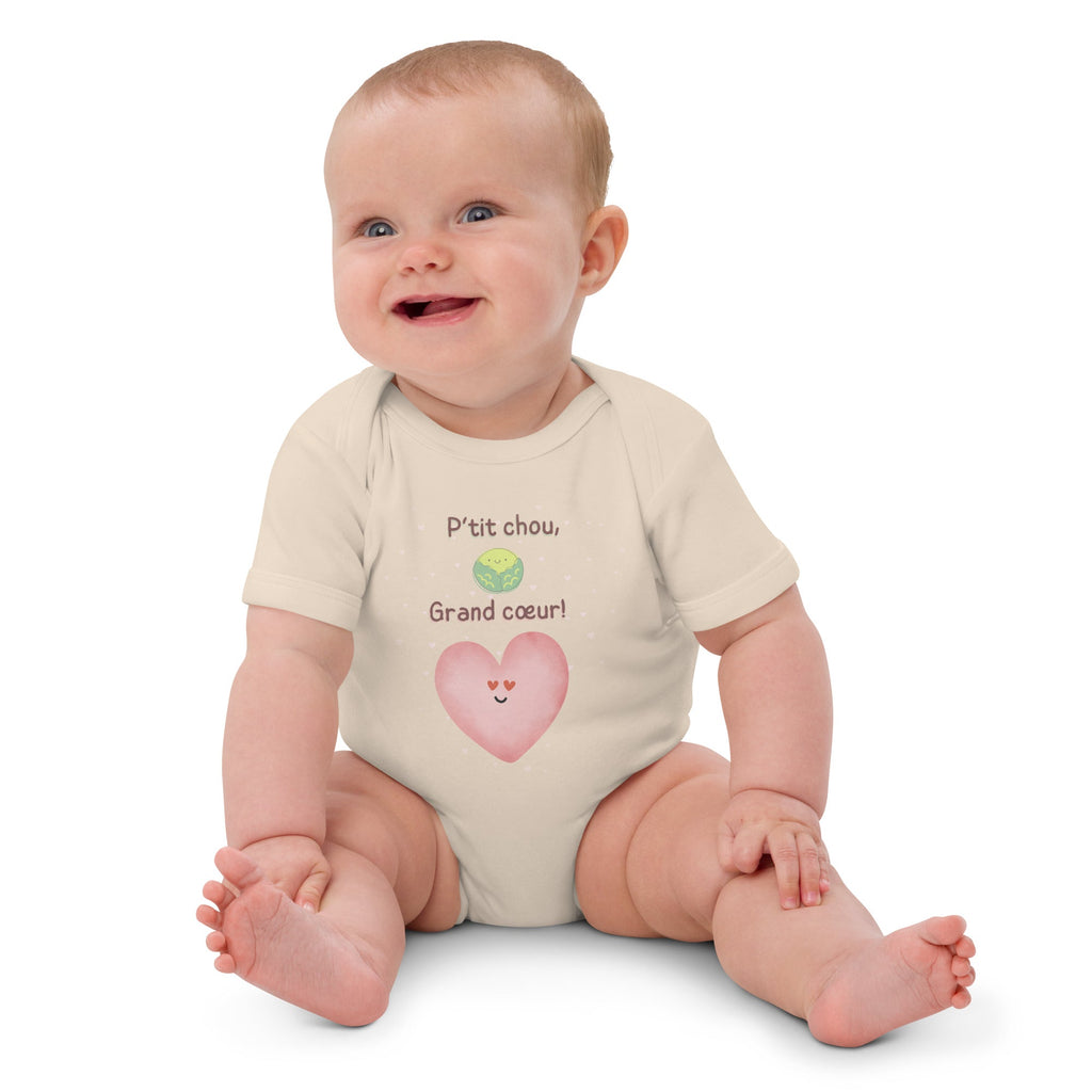 Petit (P'tit) Chou, Grand Coeur (French Language) Organic Cotton Baby Onesie Bodysuit - Artwork by Lili