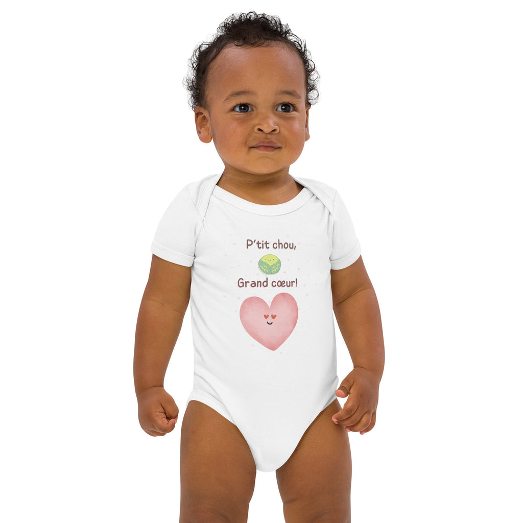 Petit (P'tit) Chou, Grand Coeur (French Language) Organic Cotton Baby Onesie Bodysuit - Artwork by Lili