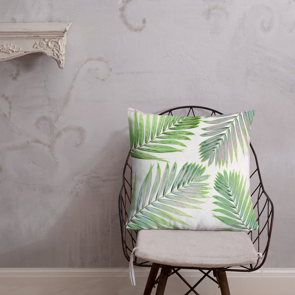Pink & Green Palm Leaves Design Premium Pillow - Artwork by Lili