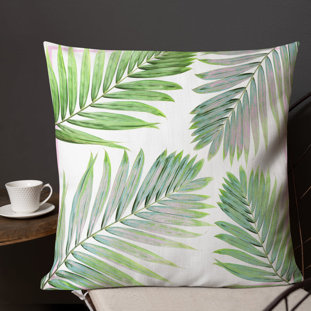 Pink & Green Palm Leaves Design Premium Pillow - Artwork by Lili