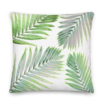 Pink & Green Palm Leaves Design Premium Pillow - Artwork by Lili