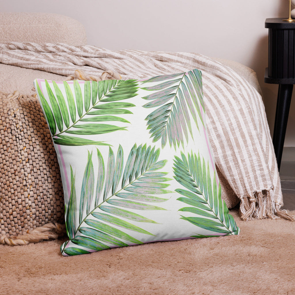 Pink & Green Palm Leaves Design Premium Pillow - Artwork by Lili