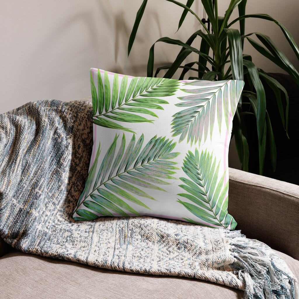 Pink & Green Palm Leaves Design Premium Pillow - Artwork by Lili