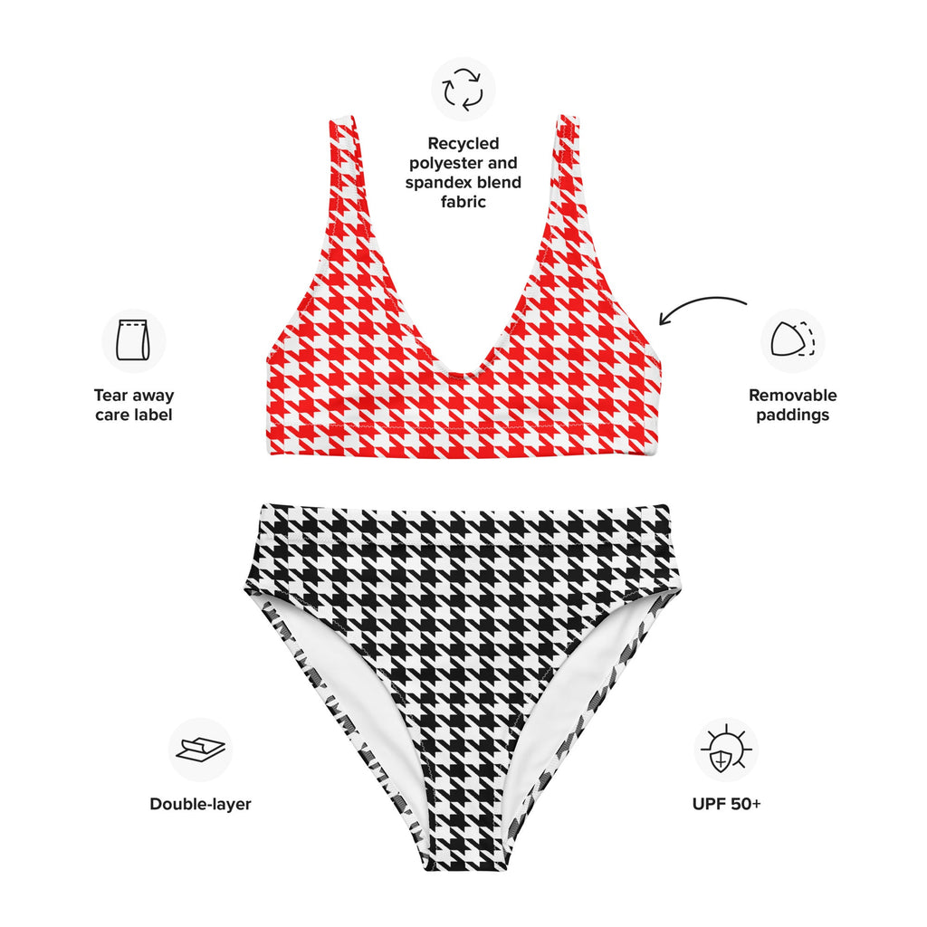 Red & Black Diana Inspired Houndstooth Eco - Conscious High - Waisted Bikini - Artwork by Lili