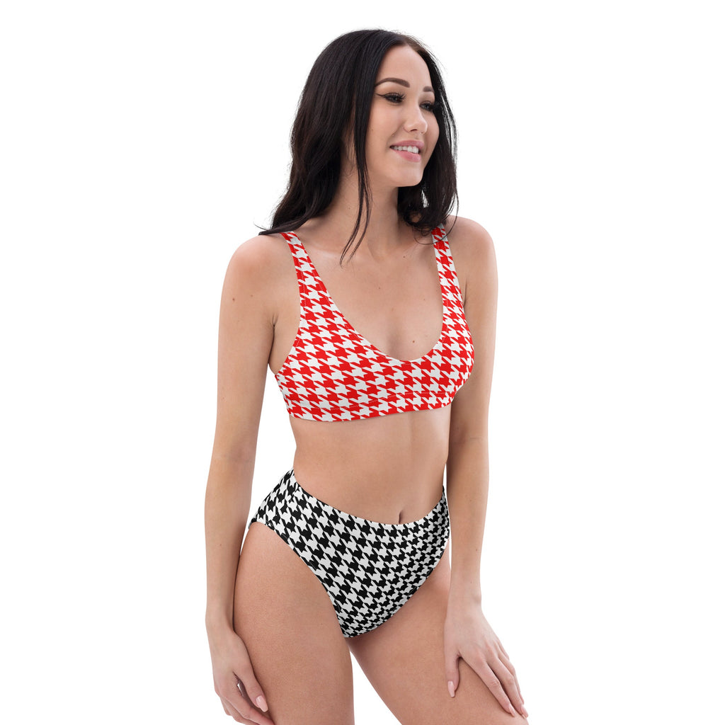 Red & Black Diana Inspired Houndstooth Eco - Conscious High - Waisted Bikini - Artwork by Lili