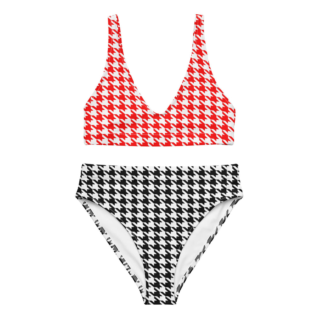 Red & Black Diana Inspired Houndstooth Eco - Conscious High - Waisted Bikini - Artwork by Lili