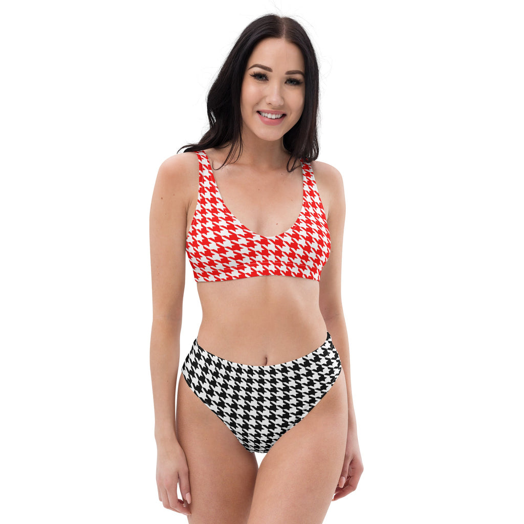 Red & Black Diana Inspired Houndstooth Eco - Conscious High - Waisted Bikini - Artwork by Lili