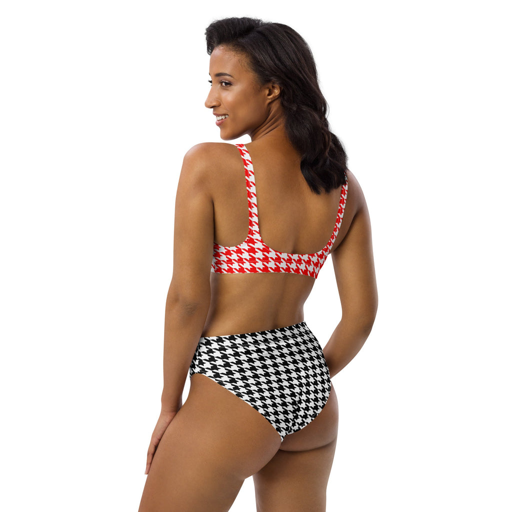 Red & Black Diana Inspired Houndstooth Eco - Conscious High - Waisted Bikini - Artwork by Lili