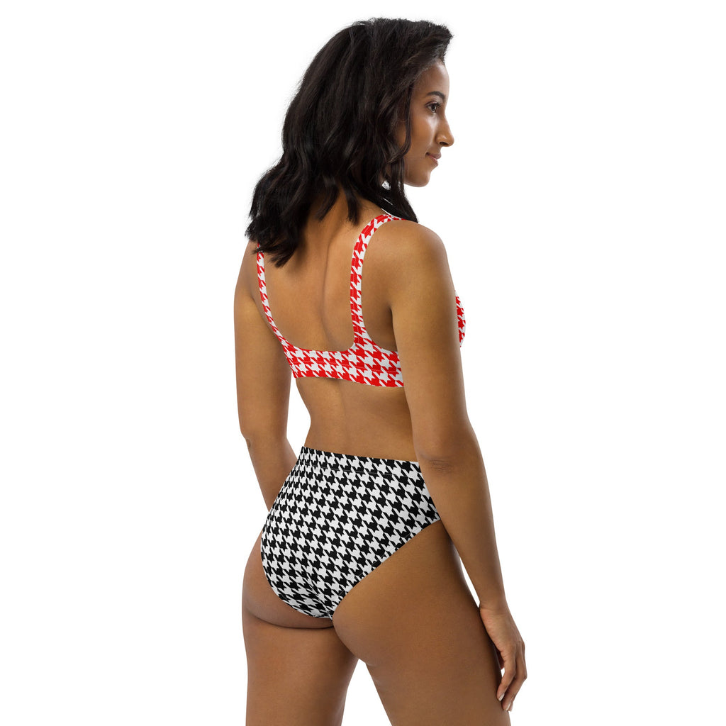 Red & Black Diana Inspired Houndstooth Eco - Conscious High - Waisted Bikini - Artwork by Lili
