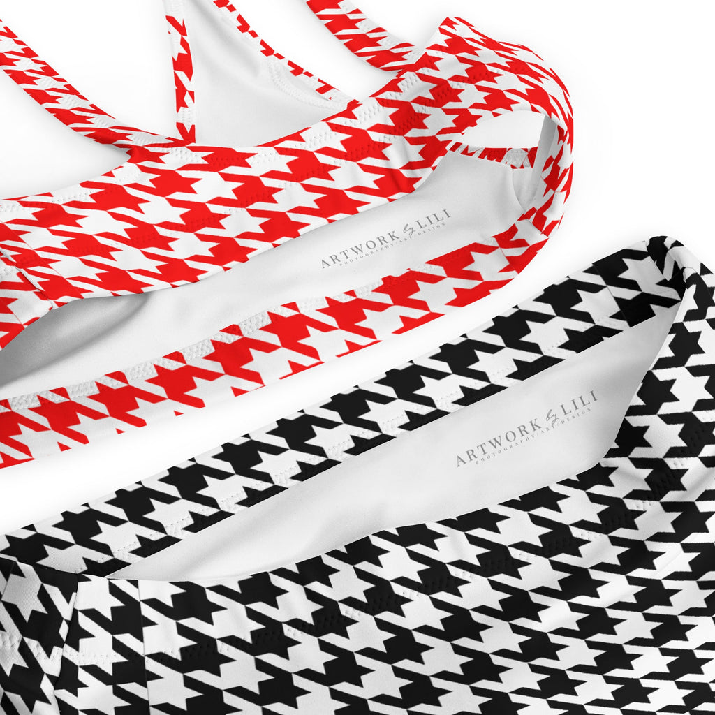 Red & Black Diana Inspired Houndstooth Eco - Conscious High - Waisted Bikini - Artwork by Lili