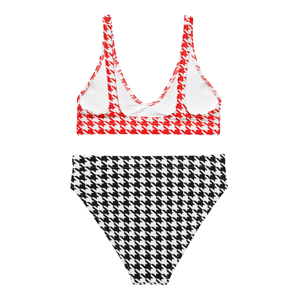 Red & Black Diana Inspired Houndstooth Eco - Conscious High - Waisted Bikini - Artwork by Lili